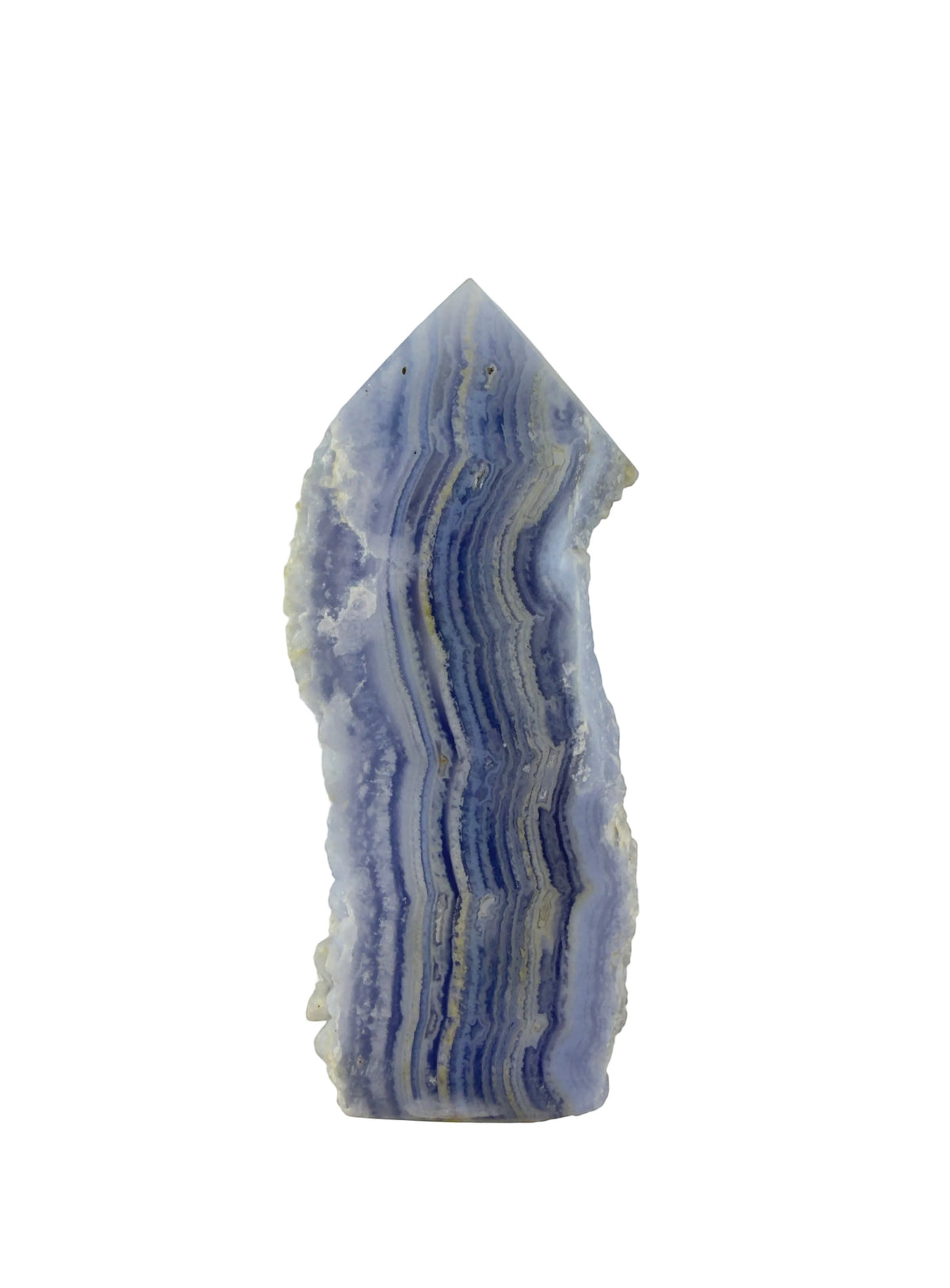Treasured Energies Blue Lace Agate crystal tower with delicate blue and white banded layers on a white background.