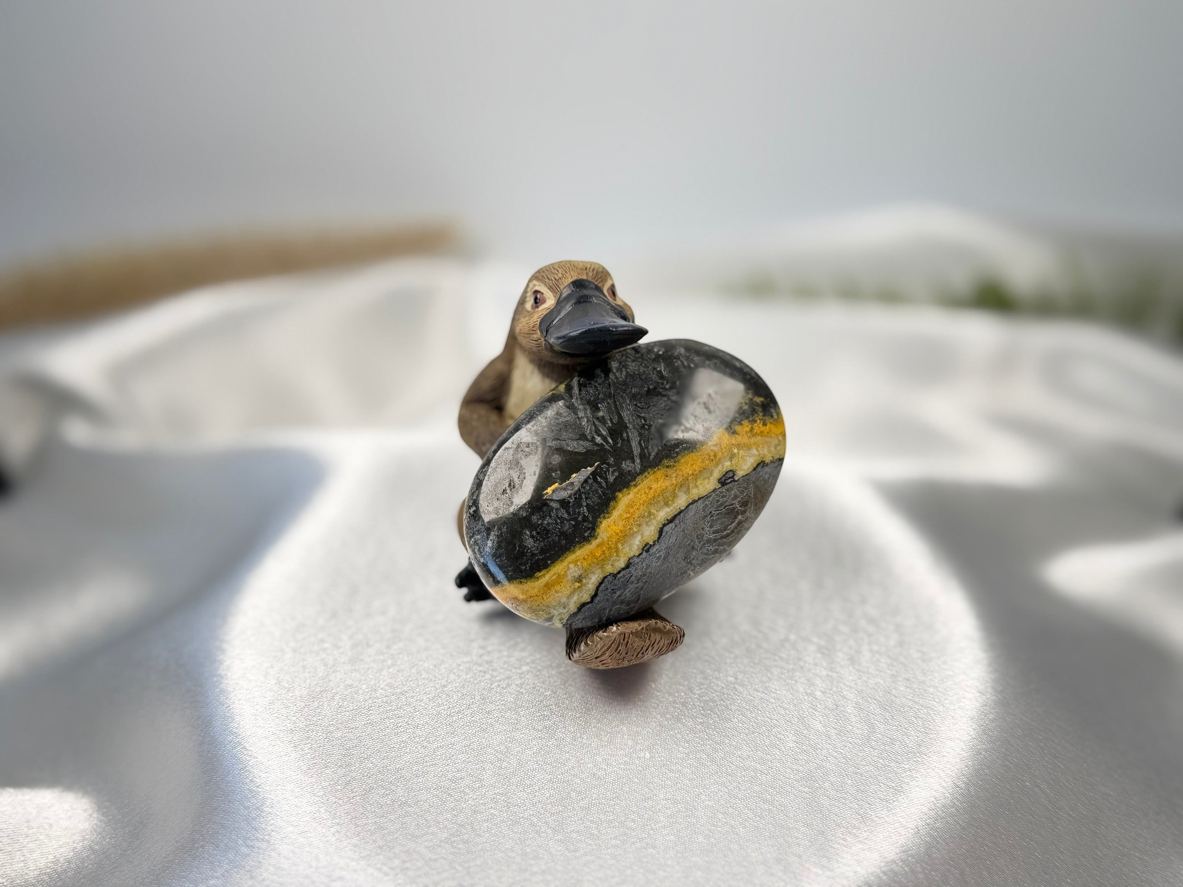 Treasured Energies polished Bumblebee Jasper palm stone with yellow and black bands held by a small platypus figurine.