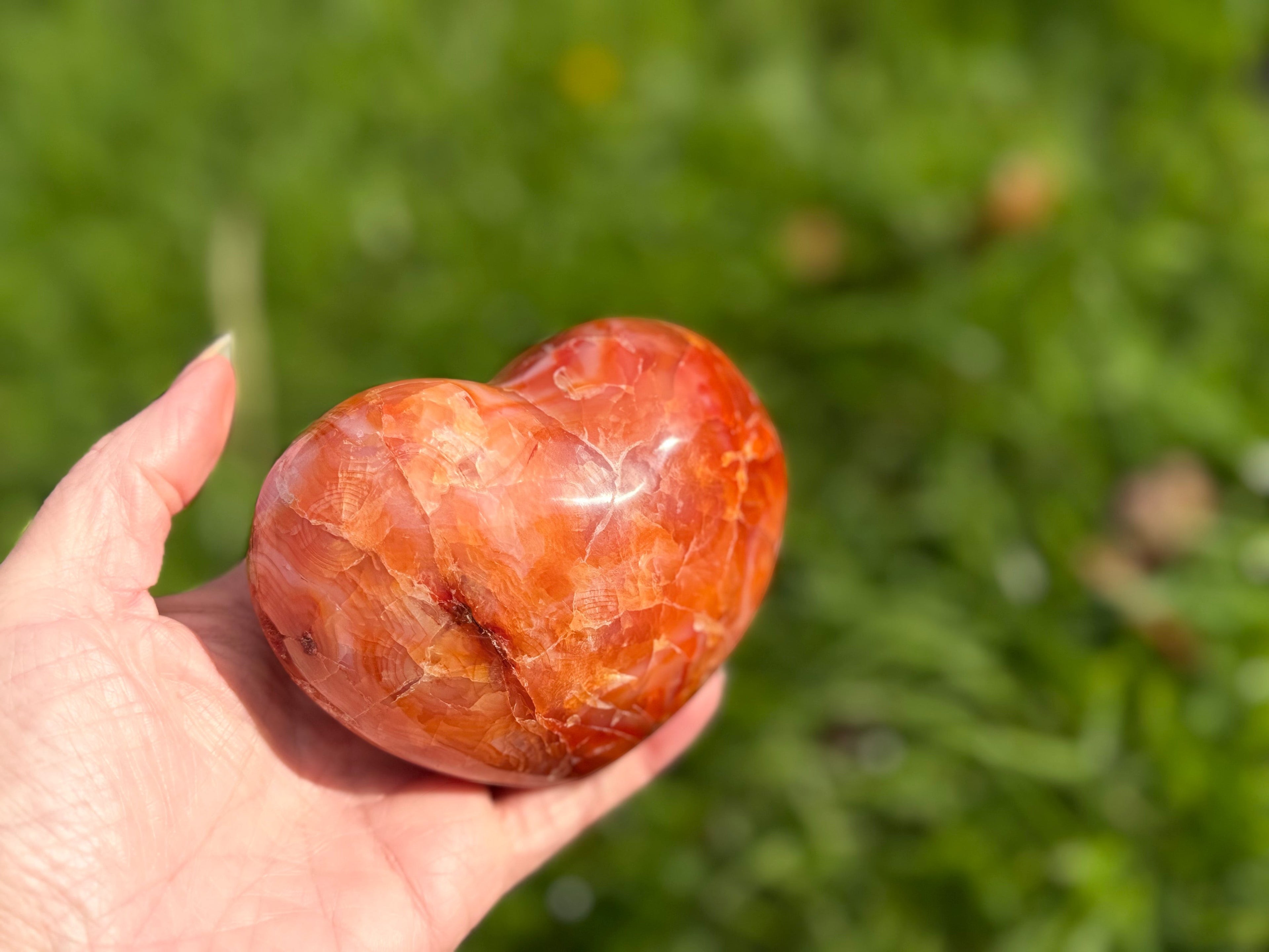 Treasured Energies large polished carnelian crystal heart held in a hand against a blurred green outdoor background.