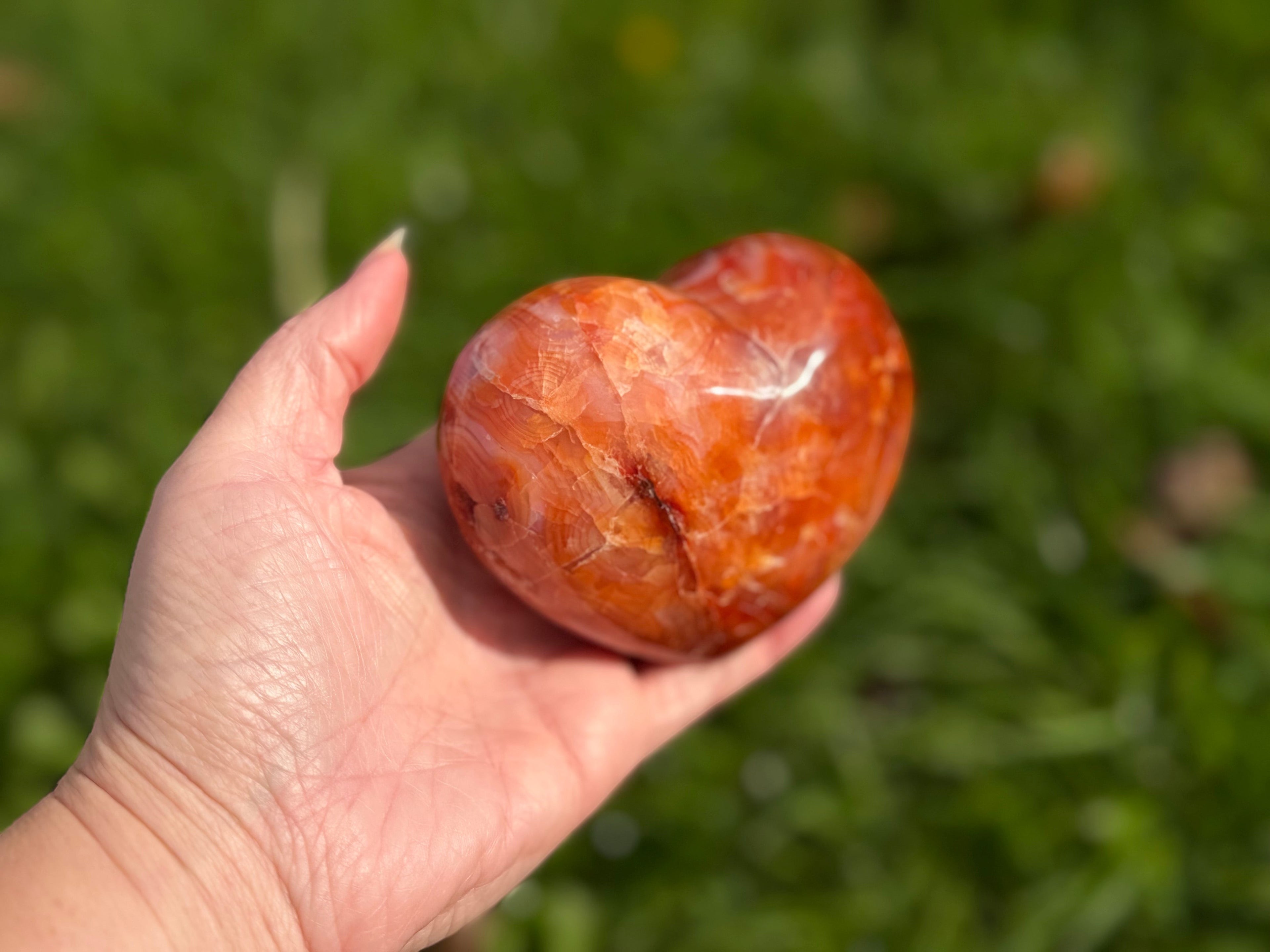 Treasured Energies large polished carnelian crystal heart held in a hand against a blurred green outdoor background.