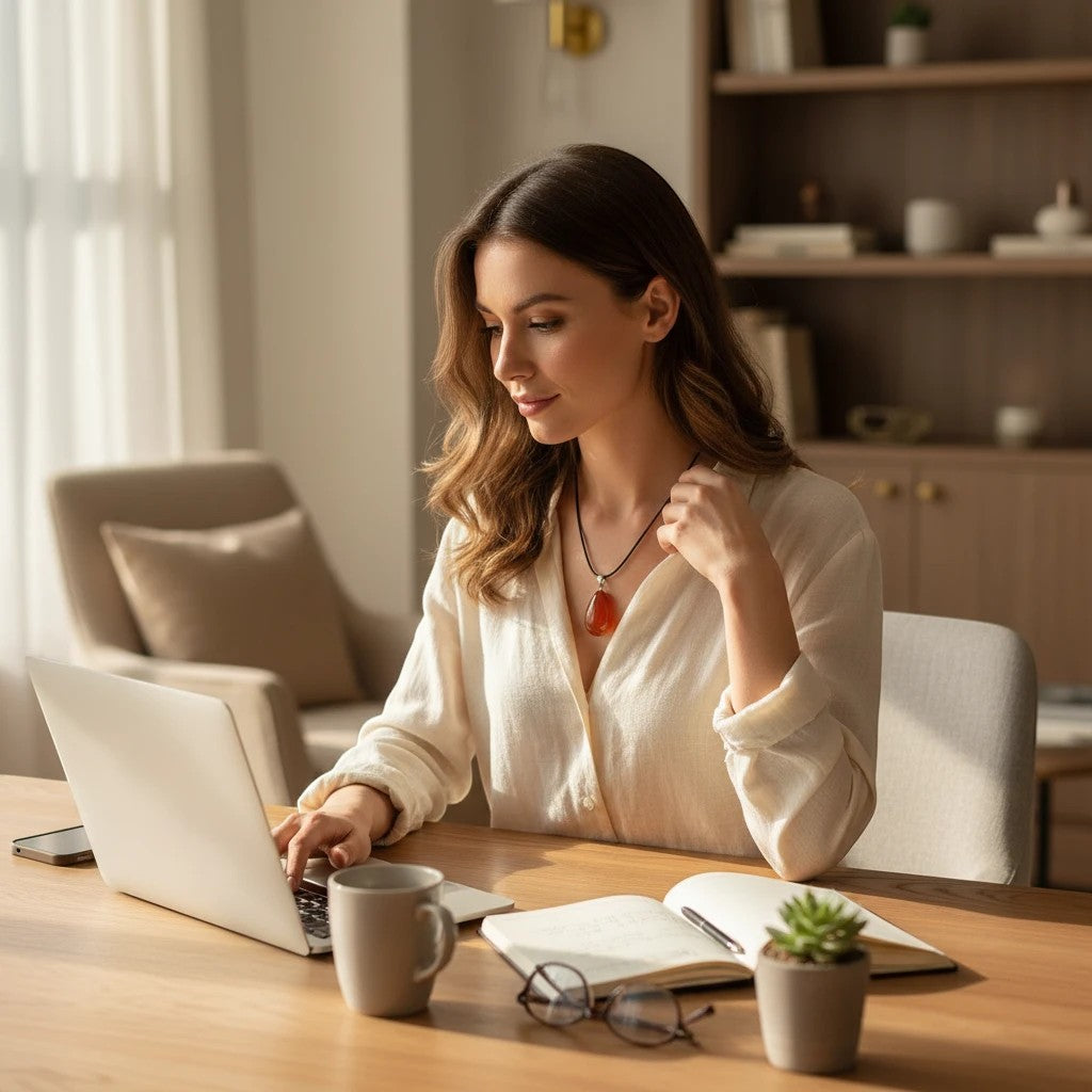 Treasured Energies carnelian teardrop gemstone pendant necklace worn by a woman working on a laptop at a desk