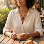 Woman wearing a Treasured Energies heart-shaped chevron amethyst pendant necklace with purple and white bands