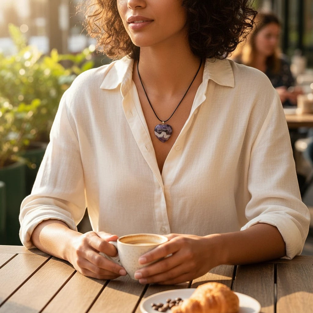 Woman wearing a Treasured Energies heart-shaped chevron amethyst pendant necklace with purple and white bands