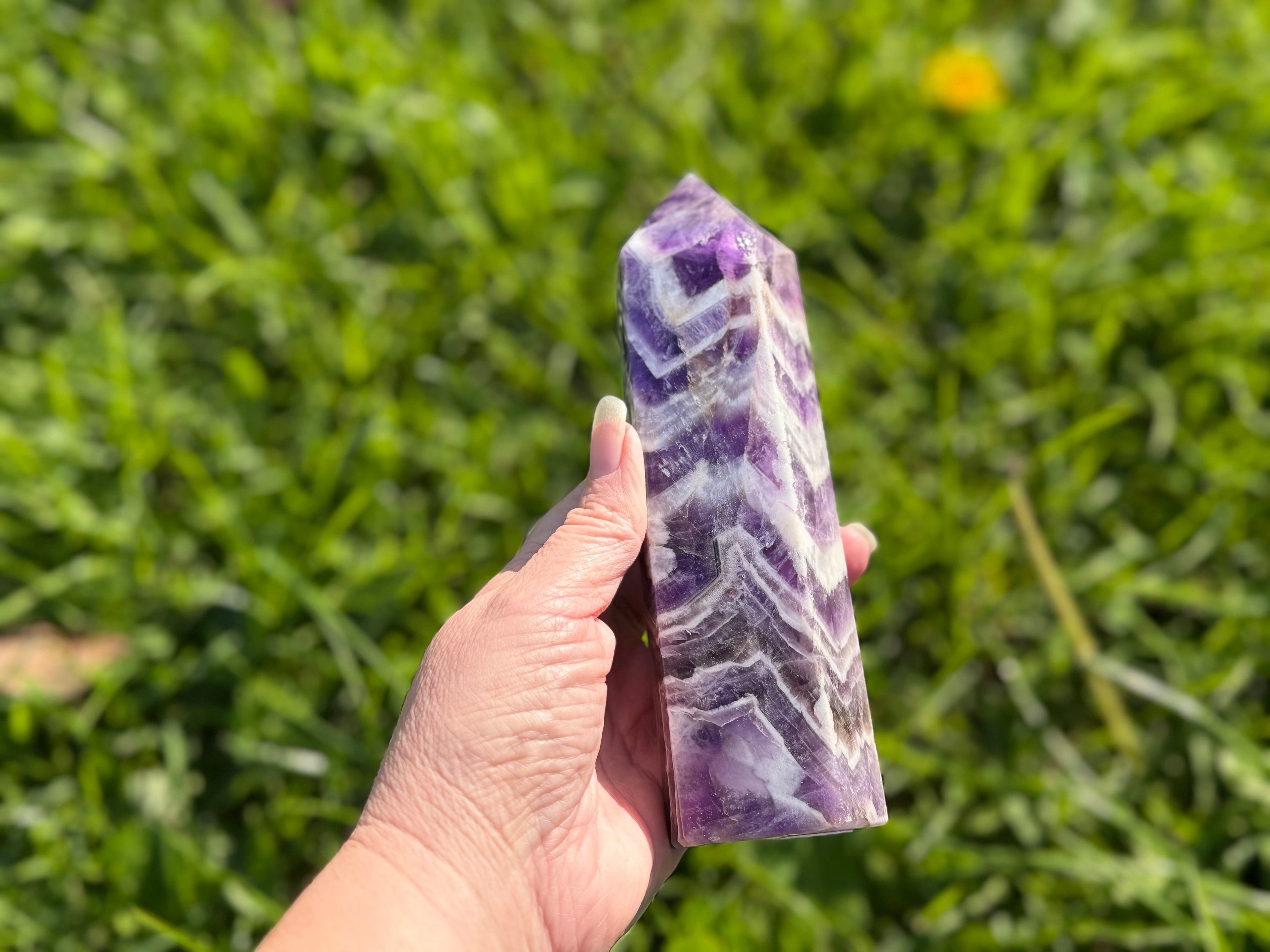 Treasured Energies Chevron Amethyst crystal tower held in hand against a blurred green grass background.