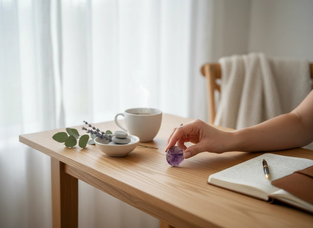 Treasured Energies Chevron Amethyst worry stone held by a hand on a wooden desk with a notebook and tea nearby.