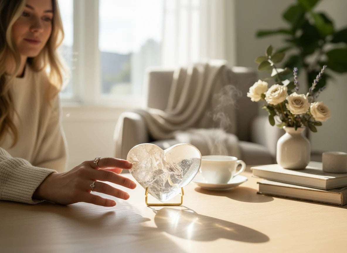 Treasured Energies polished clear quartz crystal heart with visible phantom inclusions on a gold stand on a table