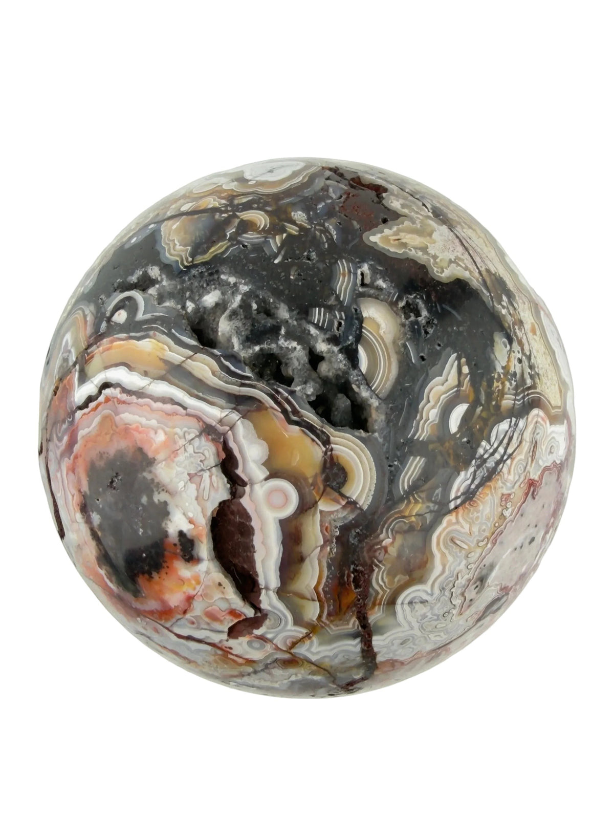 Treasured Energies polished Crazy Lace Agate crystal sphere featuring intricate swirling patterns and a natural druzy geode
