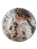 Treasured Energies polished Crazy Lace Agate crystal sphere with intricate red, white, and grey swirling patterns.