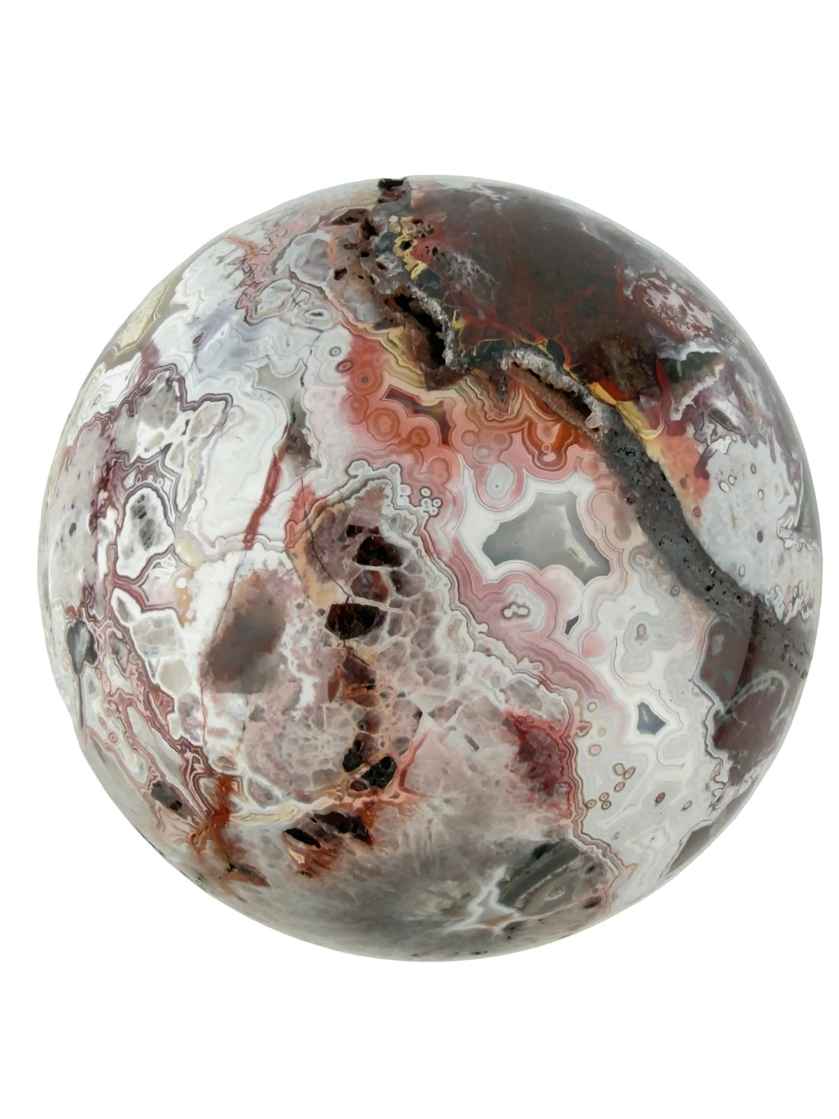 Treasured Energies polished Crazy Lace Agate crystal sphere with intricate red, white, and grey swirling patterns.