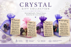 Treasured Energies crystal healing kits in purple organza bags with informational tags on a white display surface.