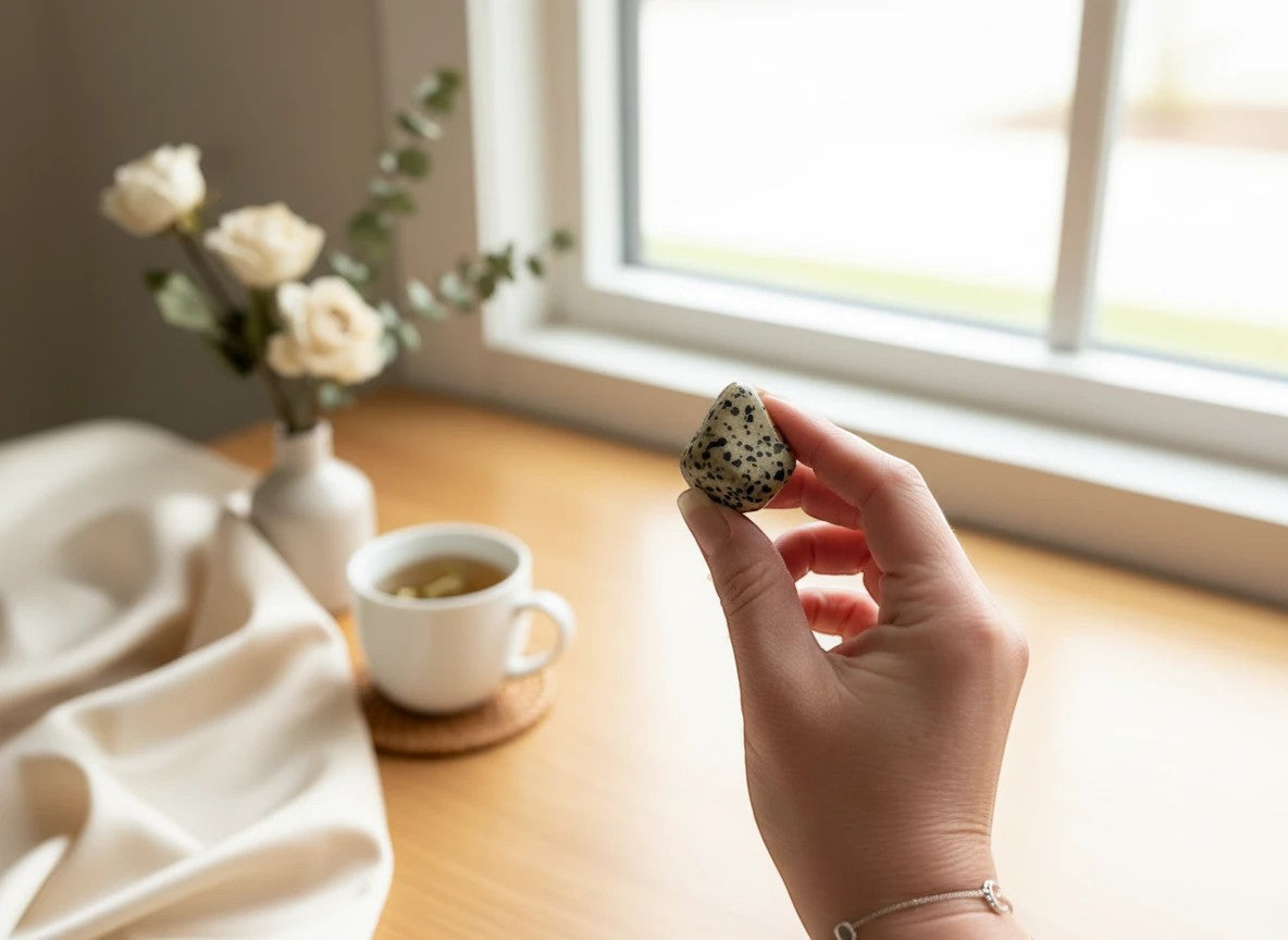 Treasured Energies tumbled Dalmatian Jasper crystal held in hand near a window with a tea cup and flowers.