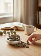 Treasured Energies tumbled Dalmatian Jasper stones in a white bowl on a wooden table with a hand reaching for one.