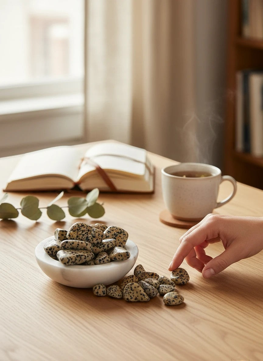 Treasured Energies tumbled Dalmatian Jasper stones in a white bowl on a wooden table with a hand reaching for one.