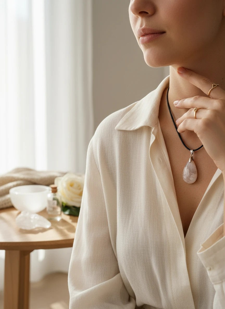 Treasured Energies tear drop flower agate pendant necklace worn by a woman in a cream shirt in a bright room