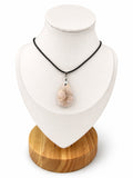 Treasured Energies tear drop flower agate pendant necklace on a black cord displayed on a white mannequin bust