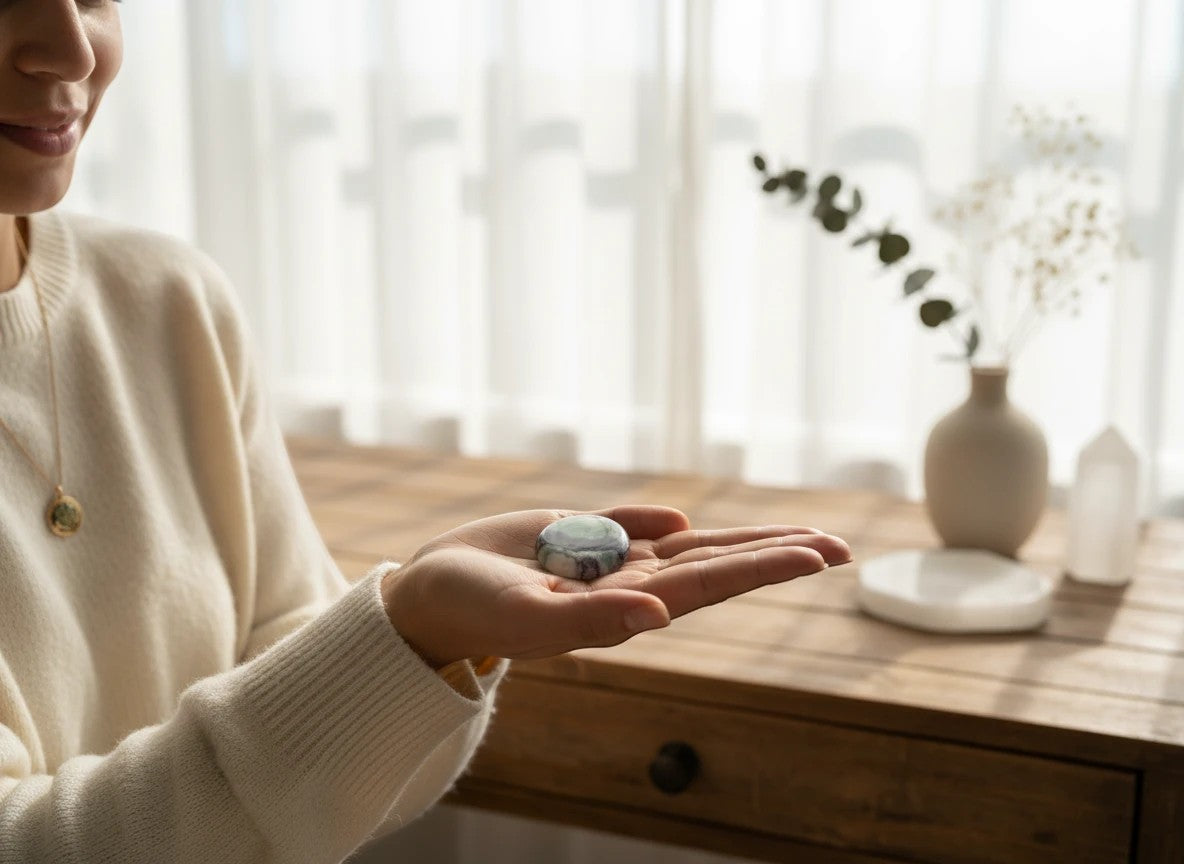 Treasured Energies smooth, palm-sized fluorite worry stone held in a person's hand for anxiety relief and grounding.