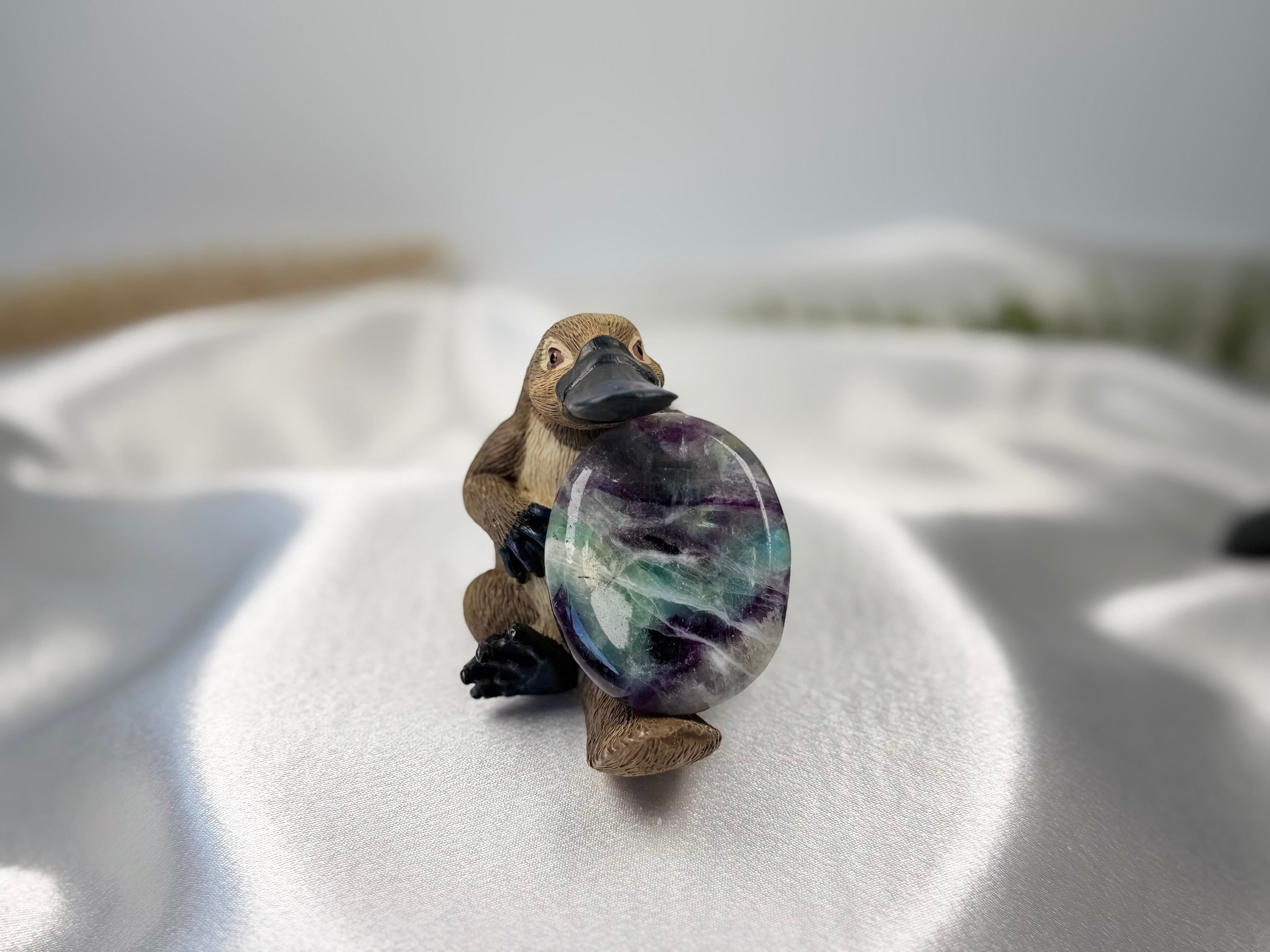 Treasured Energies smooth, polished purple and green fluorite worry stone held by a small platypus figurine.
