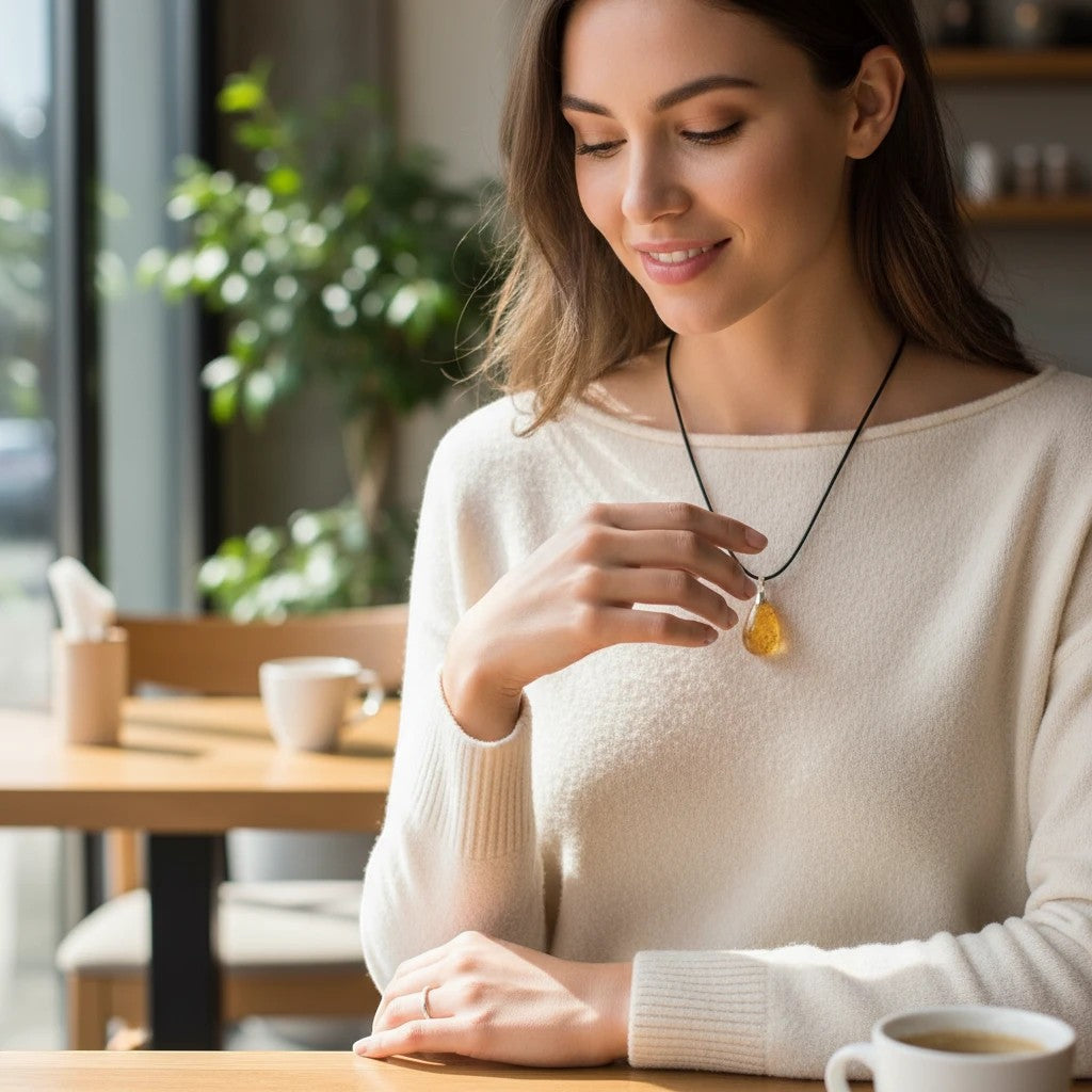 Woman wearing a Treasured Energies golden healer quartz crystal pendant necklace on a black cord in a cafe setting.
