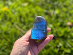 Treasured Energies polished labradorite freeform crystal held in hand, showing vibrant blue labradorescence.