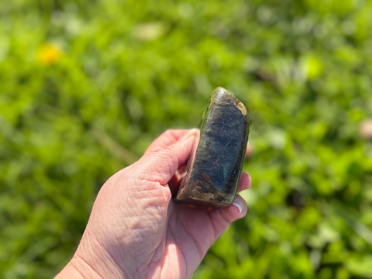 Treasured Energies polished labradorite freeform crystal held in a hand against a blurred green outdoor background.