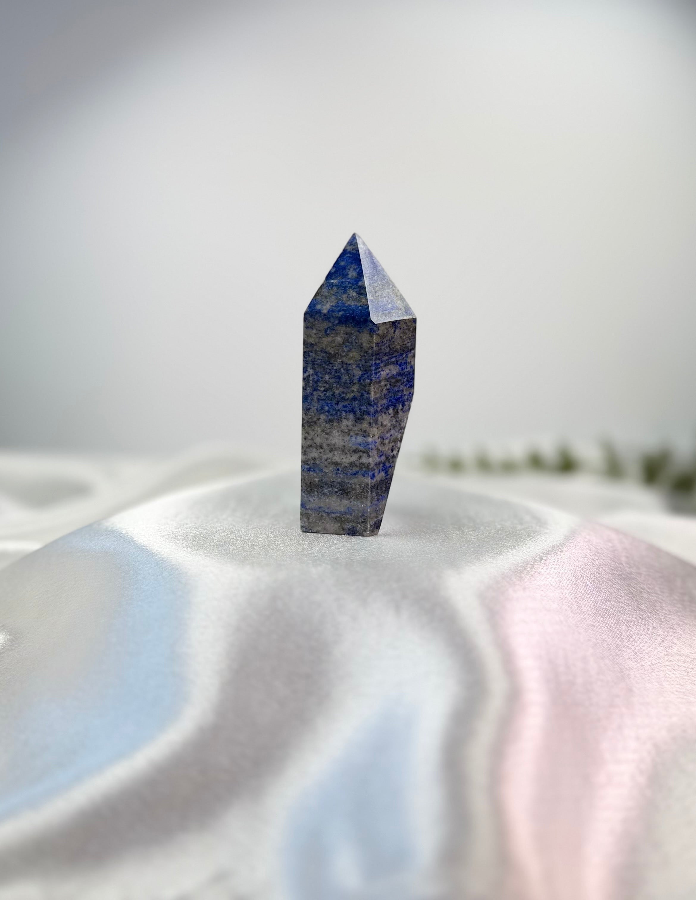 Treasured Energies medium Lapis Lazuli crystal generator tower with deep blue, white, and gold pyrite inclusions.