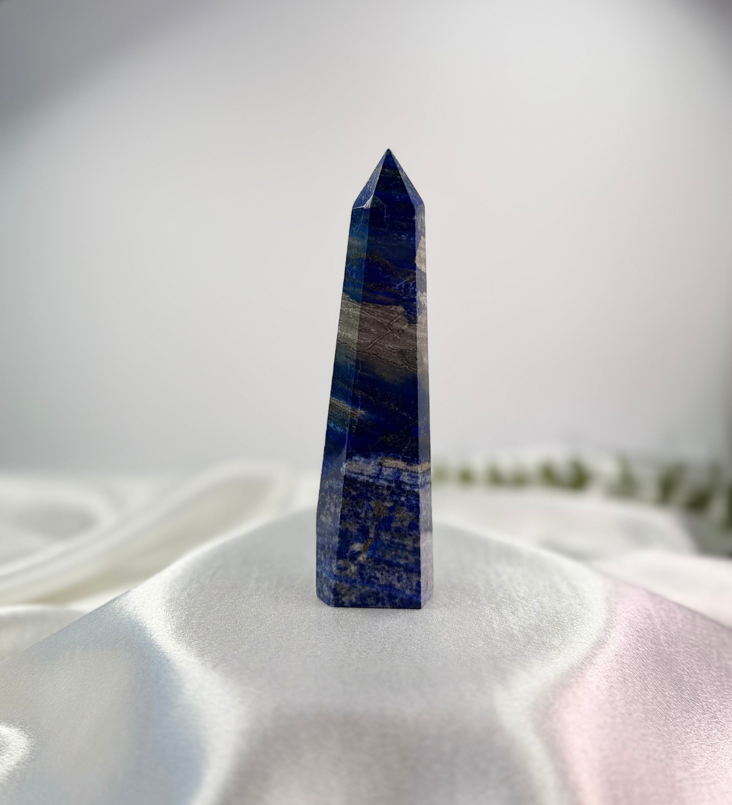 Treasured Energies Lapis Lazuli crystal tower with deep blue colour and natural golden pyrite and white calcite veins.