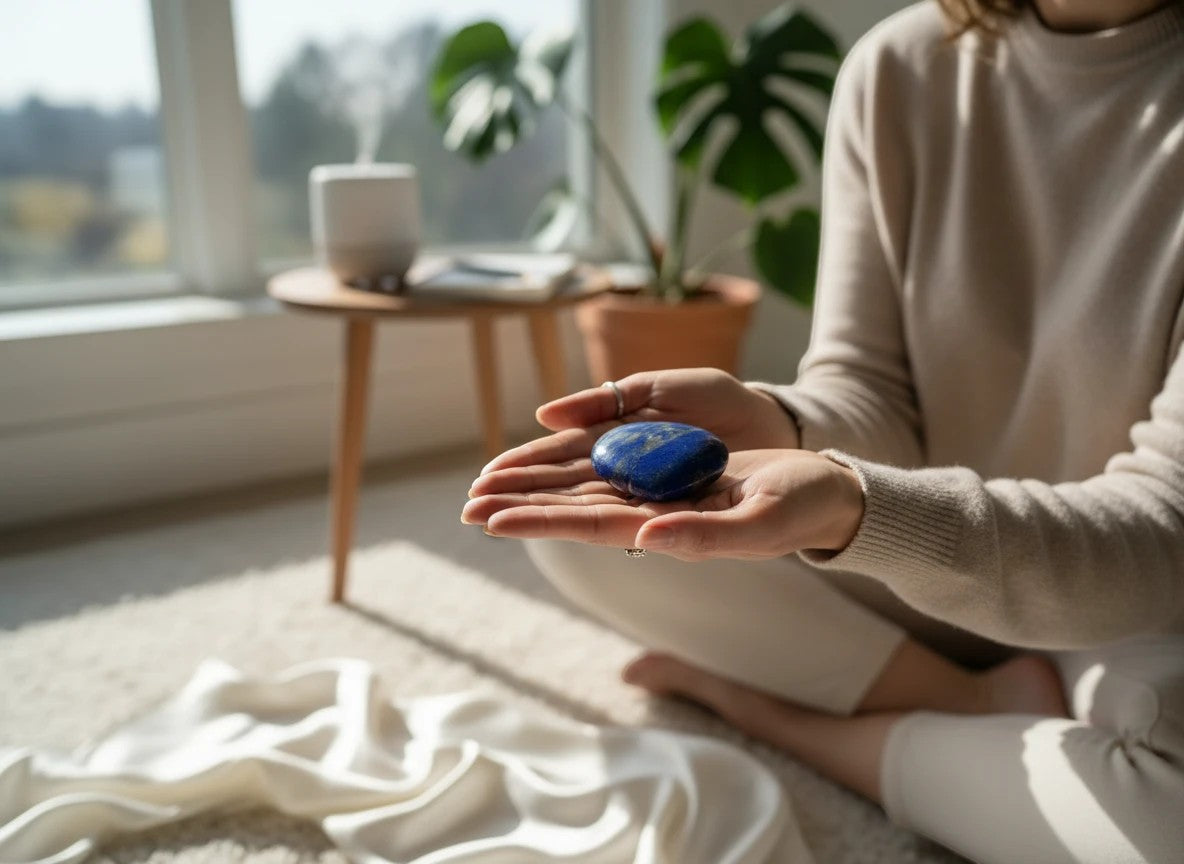 Treasured Energies large polished Lapis Lazuli heart crystal held in hands for meditation in a sunlit room