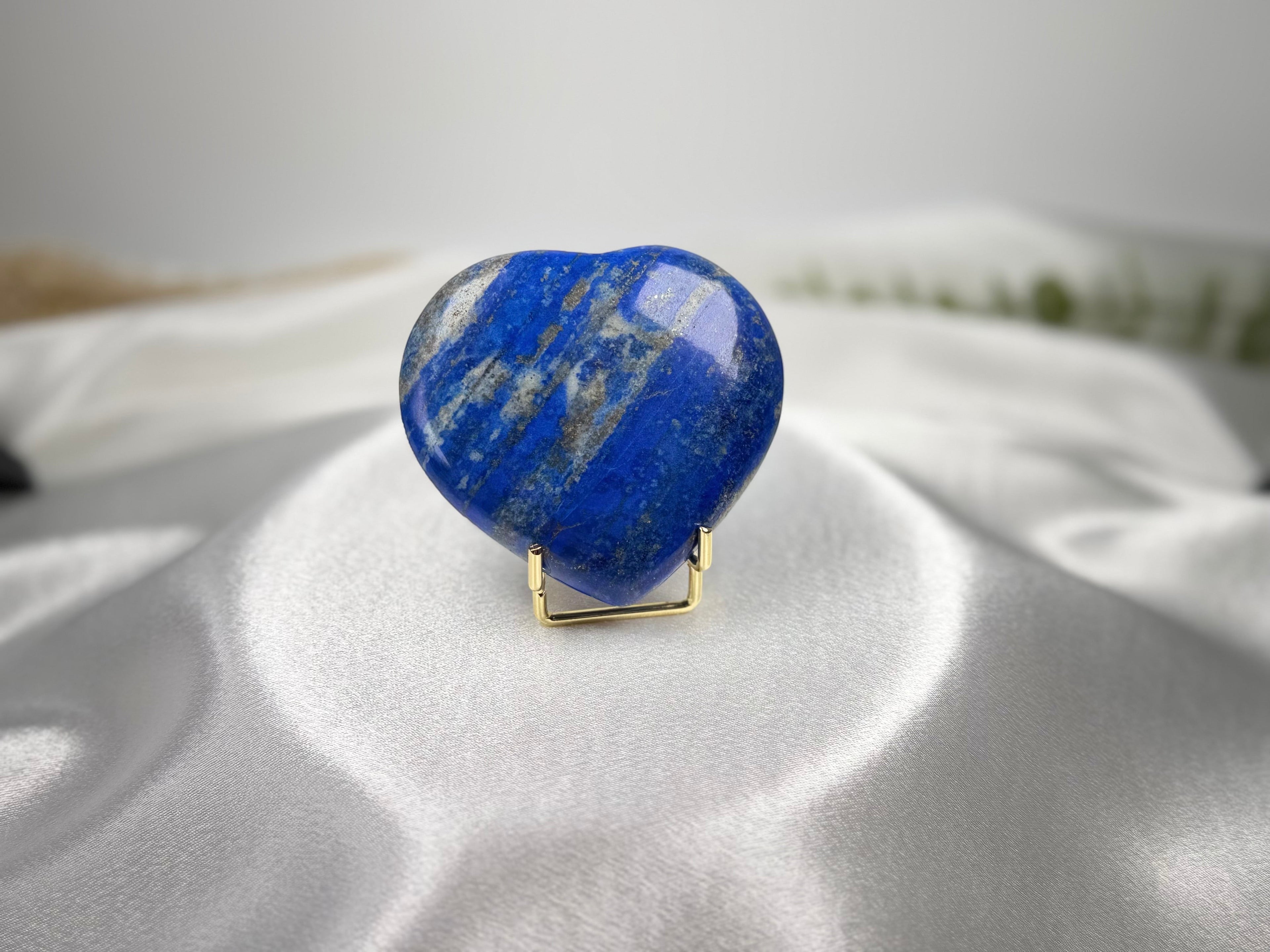 Treasured Energies large polished Lapis Lazuli heart crystal with deep blue colour and golden pyrite inclusions.