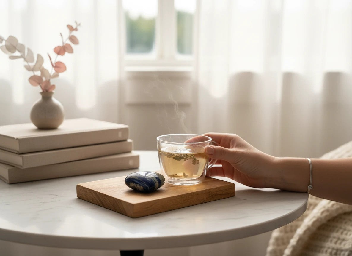 Treasured Energies polished Lapis Lazuli heart crystal resting on a wooden board next to a steaming cup of tea.