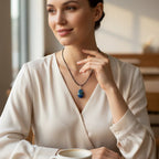 Treasured Energies Lapis Lazuli teardrop pendant necklace worn by a woman in a white blouse near a window