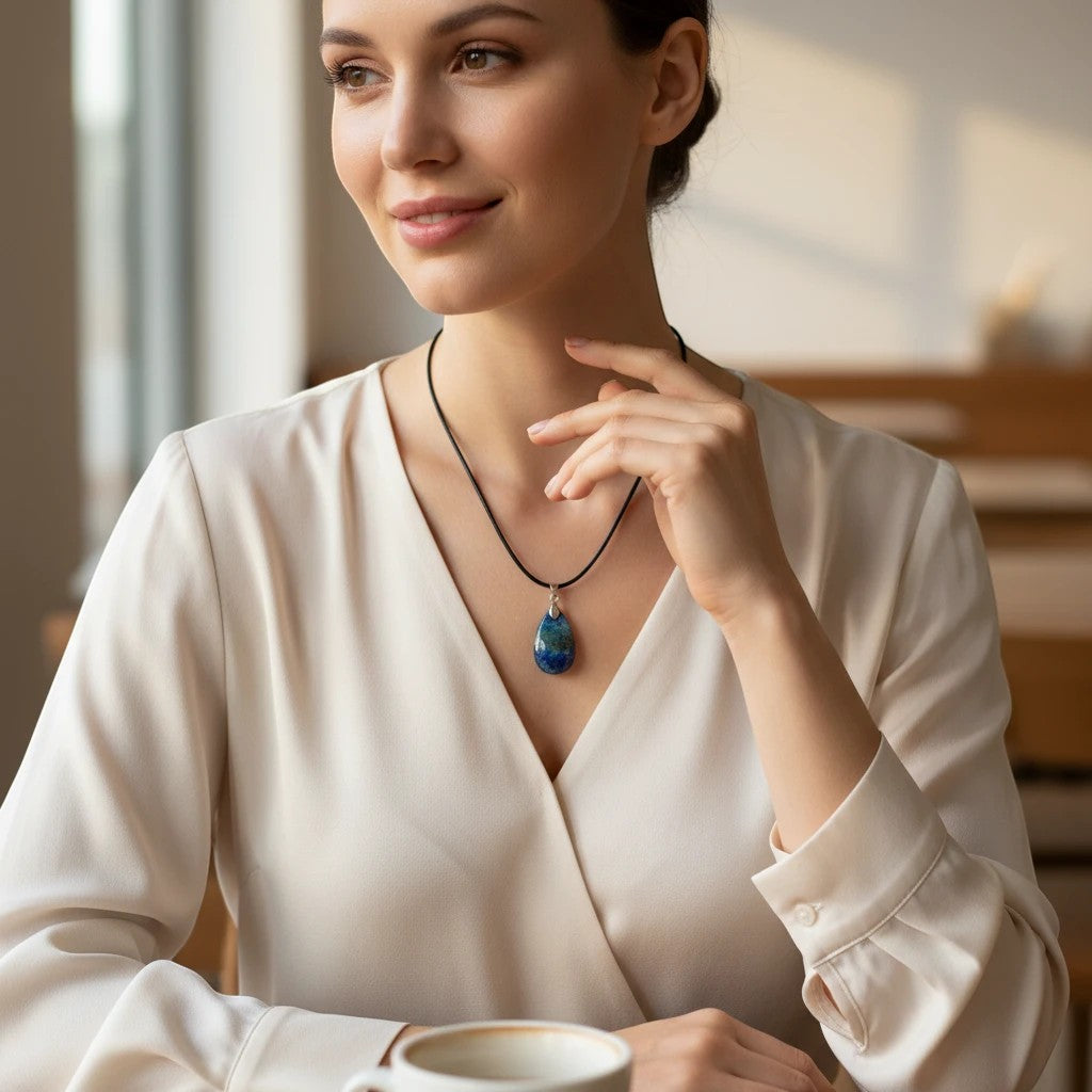 Treasured Energies Lapis Lazuli teardrop pendant necklace worn by a woman in a white blouse near a window