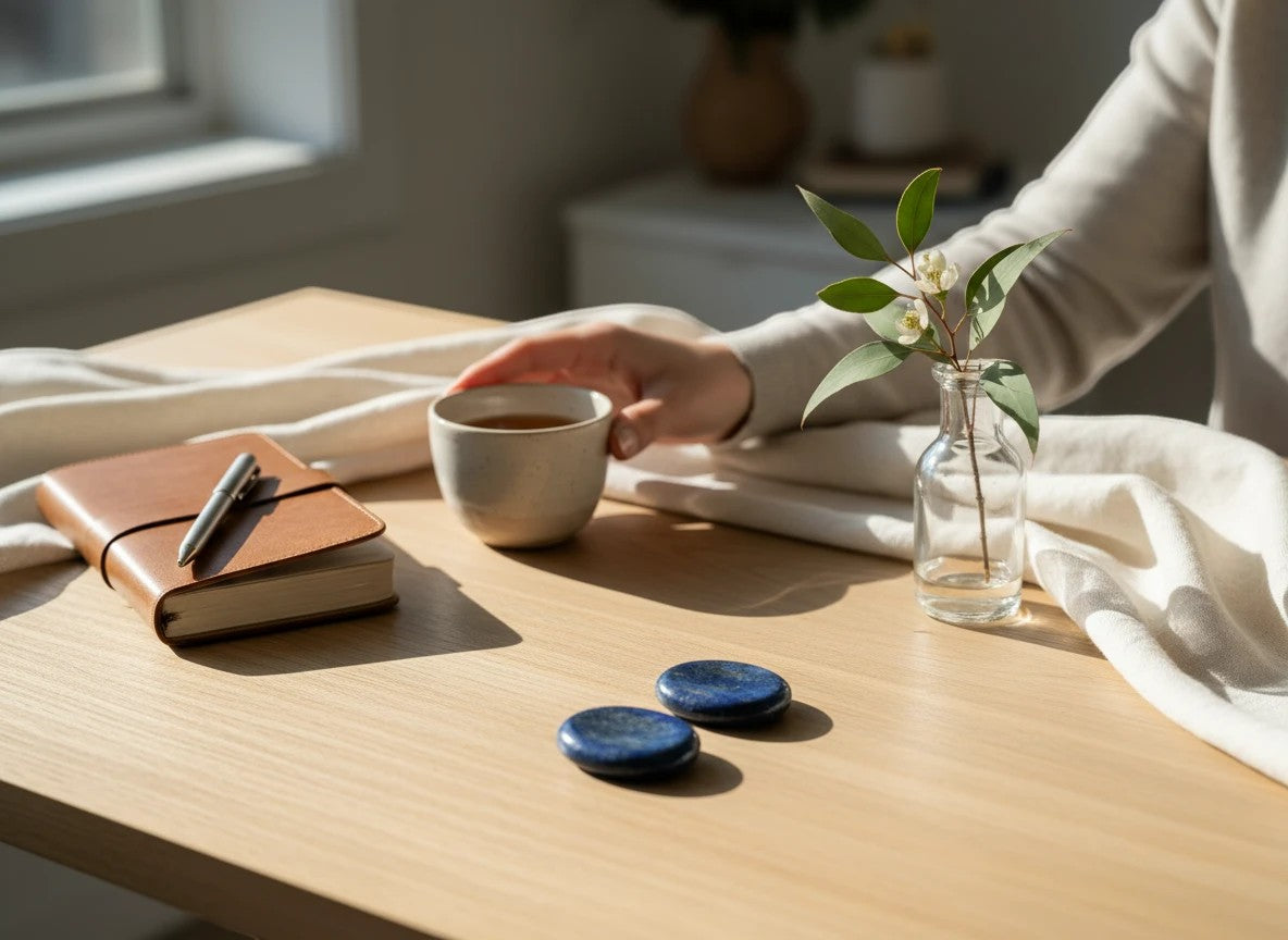 Treasured Energies Lapis Lazuli worry stones on a wooden desk with a notebook, tea cup, and small vase.