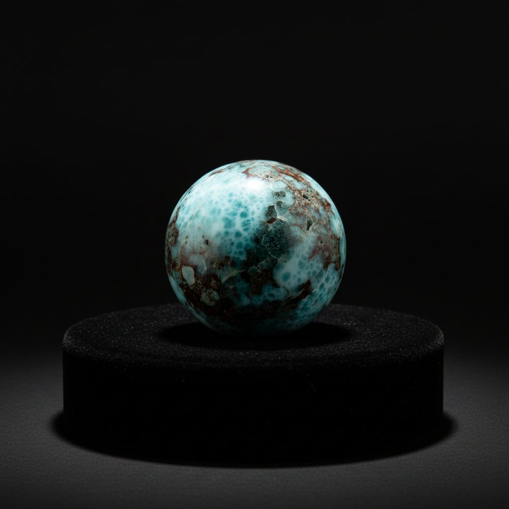 Treasured Energies polished Larimar sphere with oceanic blue and white patterns and brown mineral inclusions