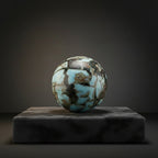Treasured Energies polished Larimar sphere with oceanic blue and brown matrix patterns on a white background.