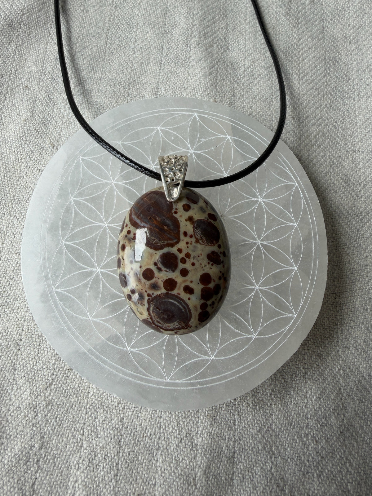 Treasured Energies polished Poppy Jasper pendant with brown and cream spots on a black cord necklace