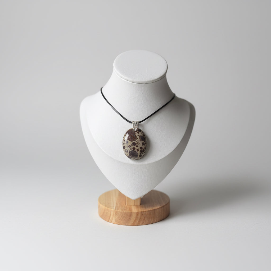 Treasured Energies polished poppy Jasper pendant with brown and cream spots on a black cord necklace