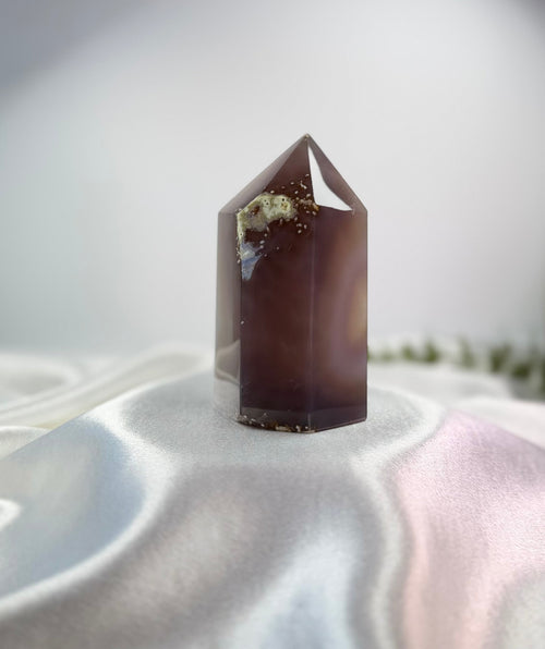 Treasured Energies polished lilac and grey agate crystal tower point featuring a sparkling natural druzy inclusion.