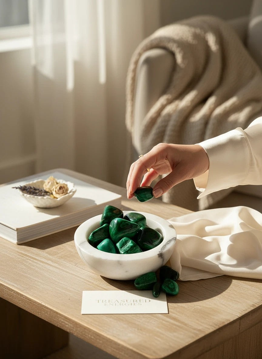 Treasured Energies high grade polished malachite tumbled stones in a white marble bowl on a wooden table