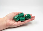 Treasured Energies high grade polished malachite tumbled stones with vibrant green banding held in a palm