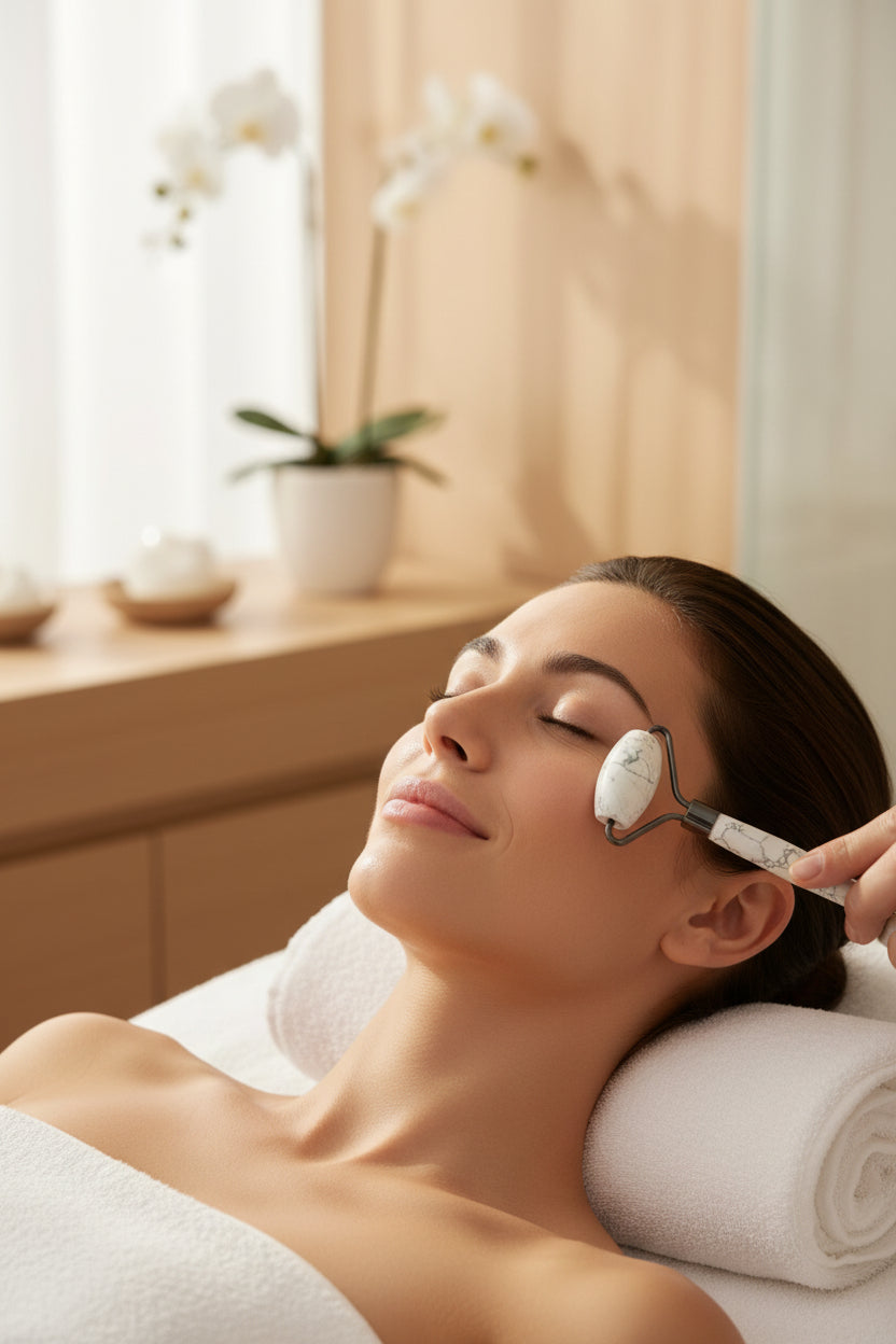 Treasured Energies white and black marble-patterned crystal facial massage rollers for skincare and lymphatic drainage.