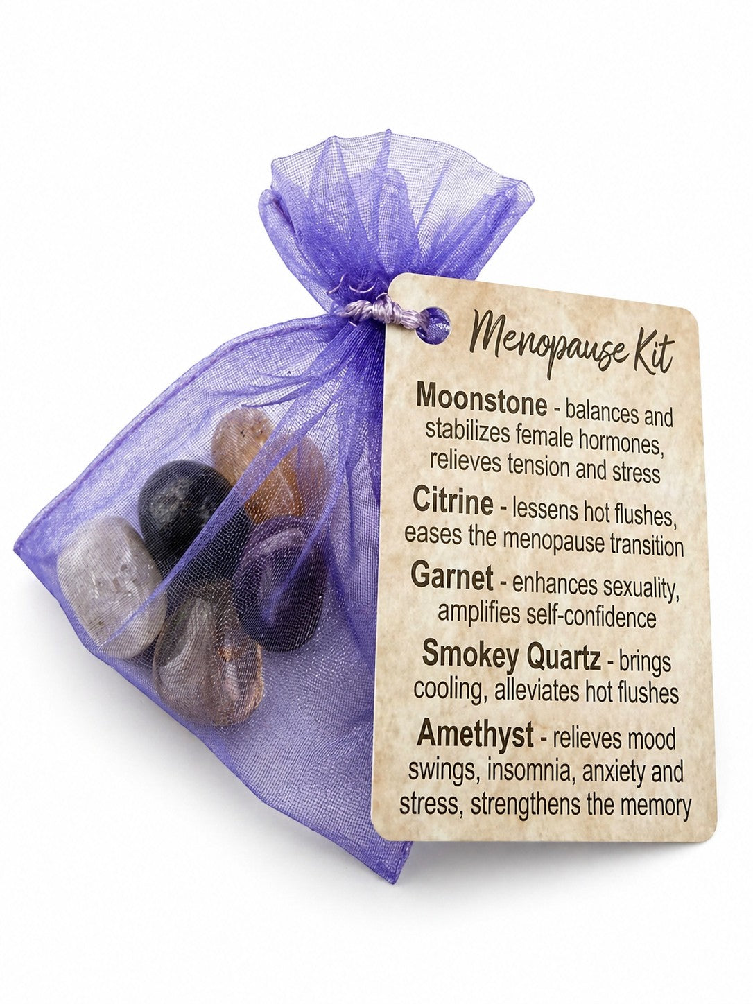 Treasured Energies Menopause healing kit with tumbled crystals in a purple organza pouch and informational tag.