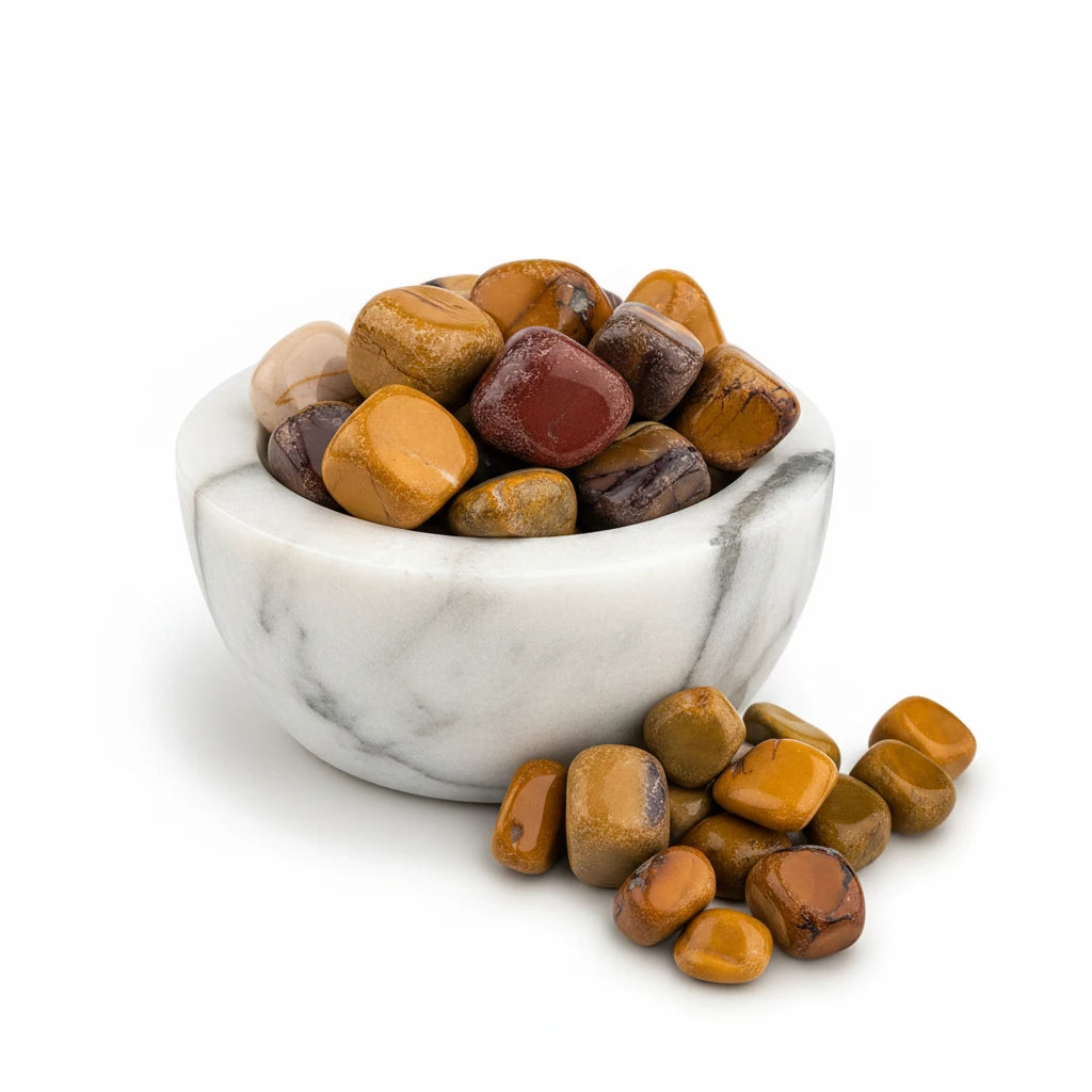 Treasured Energies Mookaite jasper tumbled stones in a white marble bowl with earthy red and yellow tones.