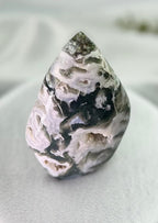 Treasured Energies polished moss agate flame crystal sculpture with green and white organic mineral patterns.