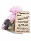 Treasured Energies Nightmares healing kit with tumbled crystals in a pink organza pouch and descriptive tag