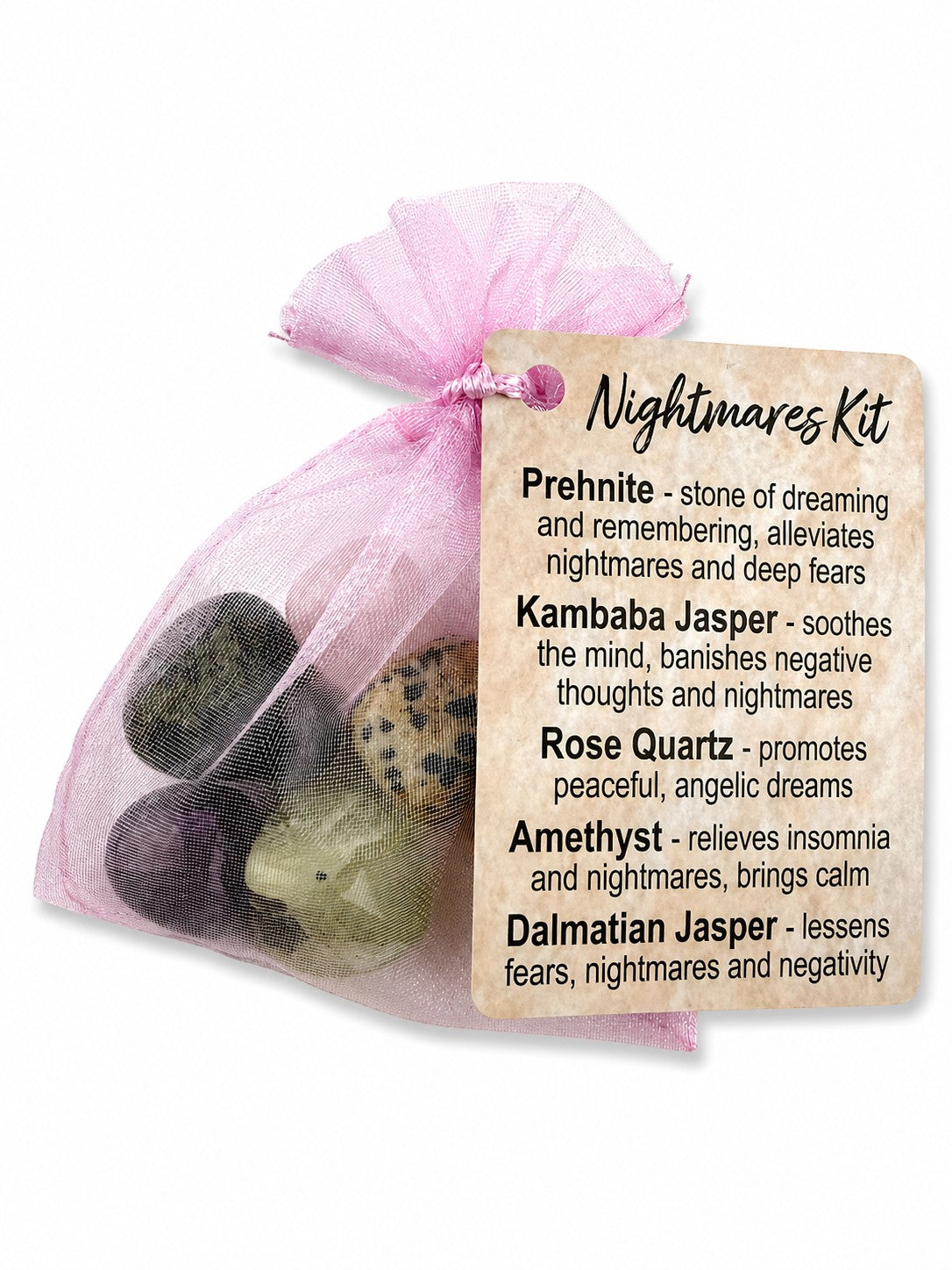 Treasured Energies Nightmares healing kit with tumbled crystals in a pink organza pouch and descriptive tag