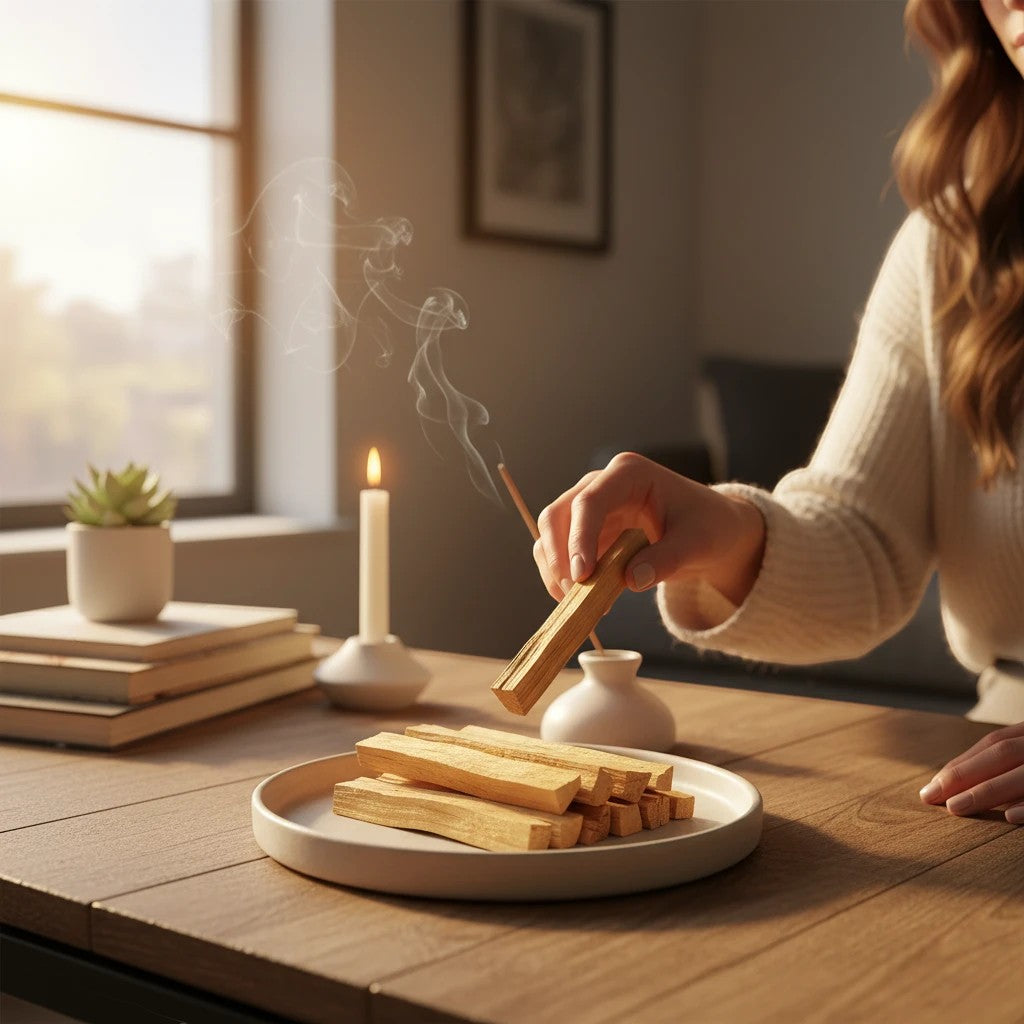 Treasured Energies palo santo sticks on a ceramic plate with a woman holding a burning stick in a cozy room
