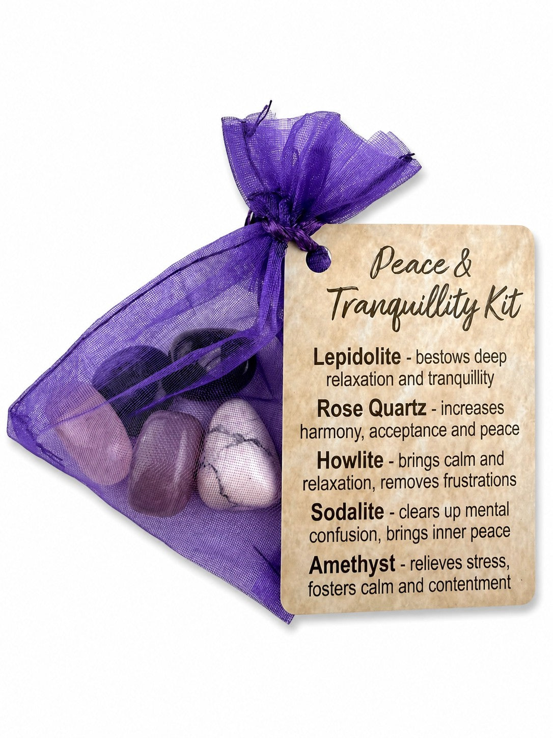 Treasured Energies Peace and Tranquillity crystal healing kit with tumbled stones in a purple organza pouch