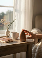 Treasured Energies polished peach moonstone crystal freeform displayed on a wooden table near a sunny window.