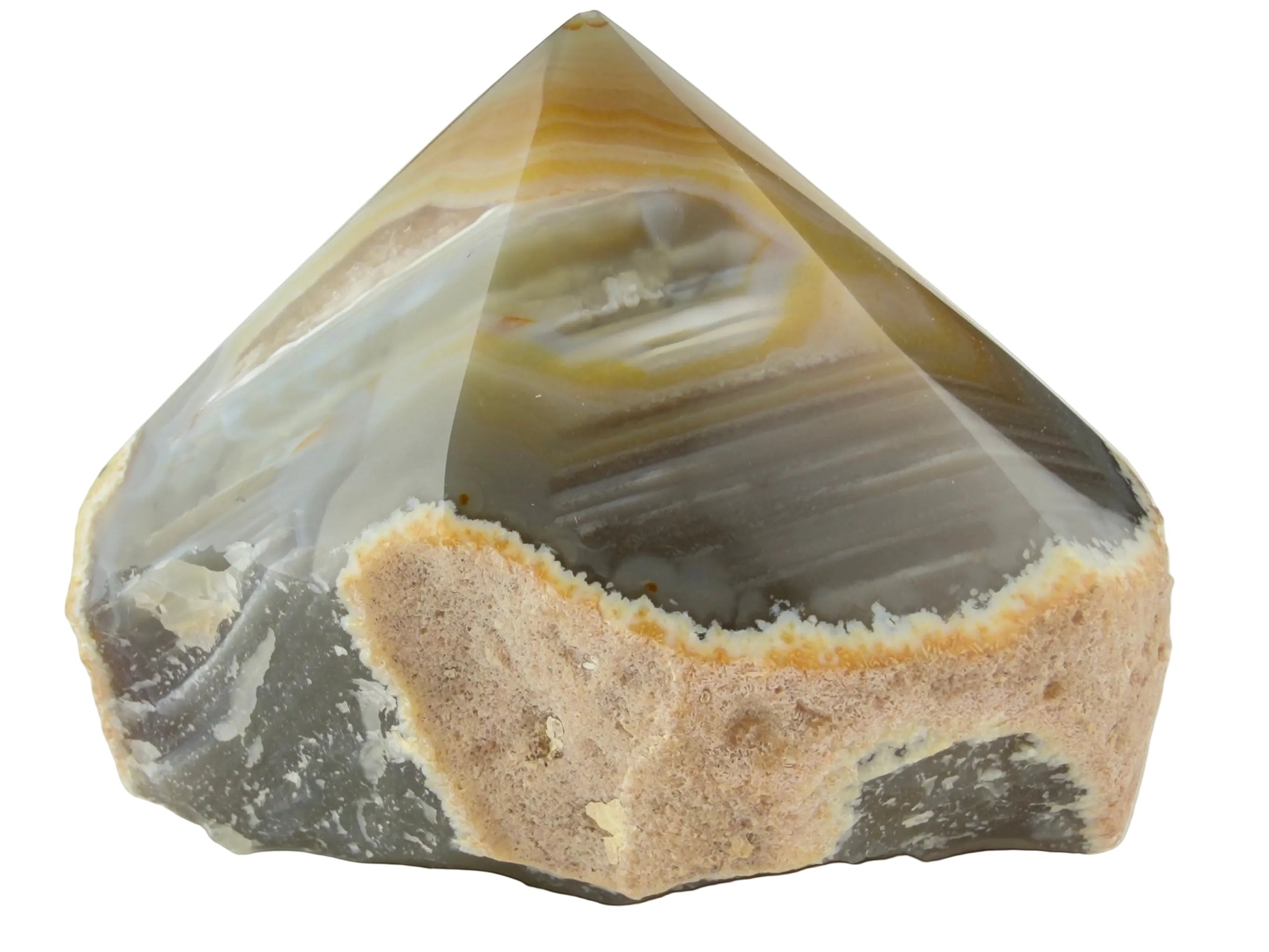 Treasured Energies polished agate point with natural grey and cream banding and a raw textured base.