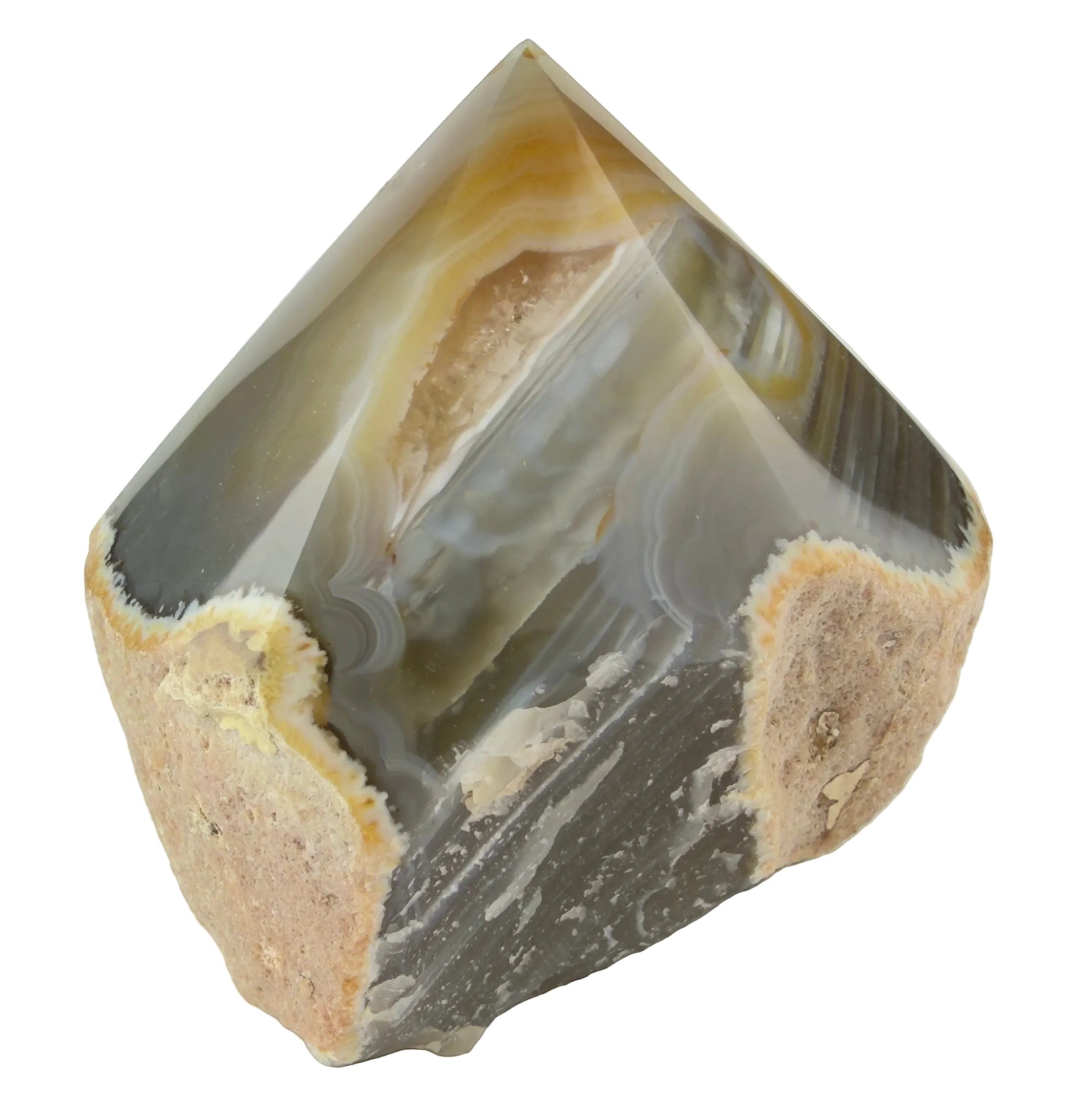 Treasured Energies polished agate point with natural grey and white banding and a raw, textured base.